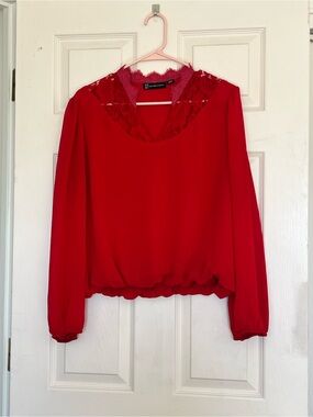 New York & Company Red Lace-Trim Long Sleeve Blouse